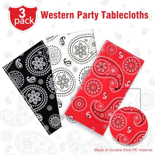 Tatuo Western Party Tablecloth Paisley Table Cover Bandana Plastic Table Cloth Rectangle Floral Tablecloth for Western Cowboy Themed Party 108 X 54 Inch(Red,Black,White,3 Pack) - color: Red,black,white