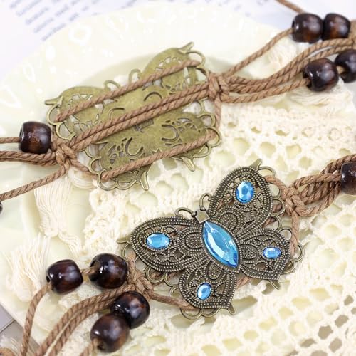 Women Braided Waist Belt Boho Woven Belt with Wooden Beads and Ring Clasp Vintage Long Tassel Rope Tie Belt for Dress - color: Brown 4