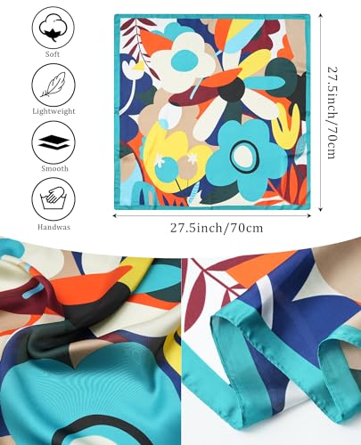 AWAYTR 27.5” Silk Satin Square Head Scarf - 4PCS Satin Head Scarves for Women Hair Kerchief Bandanas Sleeping Head Wraps - color: Flower(blue/Burgundy/Black/Orange)