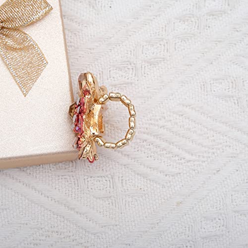 CSY Luxury Women's Austrian Crystal Leaves Flower Big Cocktail Statement Rings Stretch Adjustable Ring Jewelry Accessories - color: hot pink crystal-gold tone