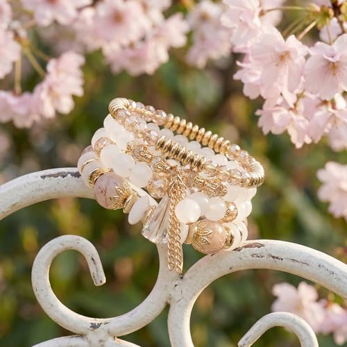Bohemian Bracelet Sets for Women - 4-Pack Stackable Stretch Bead Bracelets with Black＆White Crystal & Gold Accessories, Multi-Layer Boho Jewelry - color: white