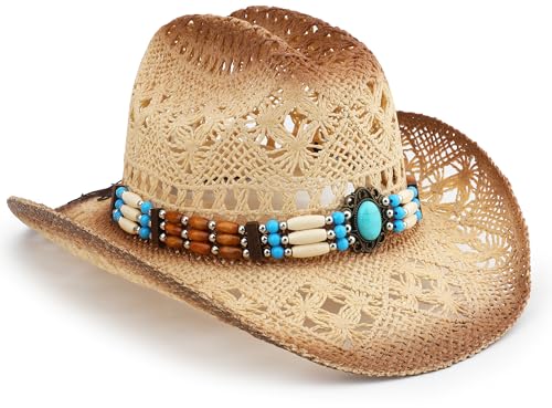 Straw Cowboy Hat, Western Cowgirl Hat, Wide Brim Sun Beach Hat for Men and Women - color: Khaki-m29