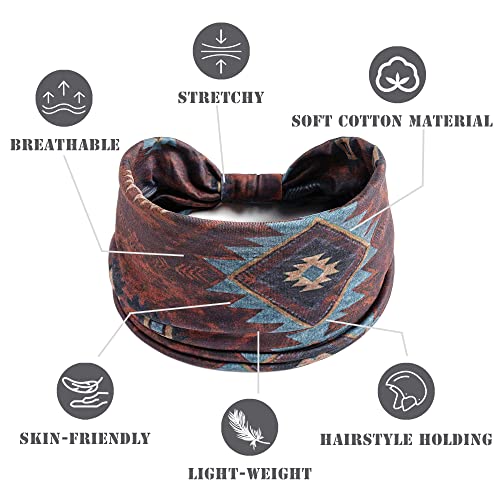 FULZTEY Boho Headbands for Women Vintage Elastic Fabric Printed Hair Bands Workout Wide Knot Sweatbands Soft Cotton Headwraps Yoga Running Hair Accessories for Women Girls 4Pcs - color: Style 4