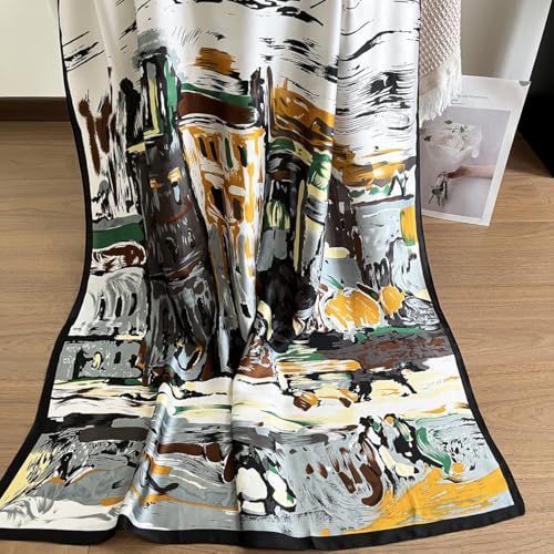 Long Silk Like Scarf Lightweight Satin Scarves Large Sunscreen Shawl Wrap for Women - color: 019.abstract Black