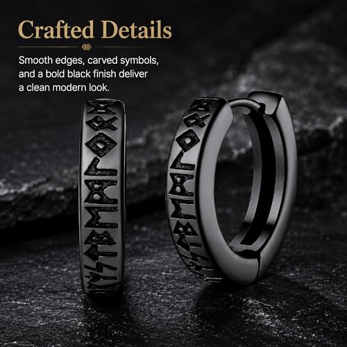 Viking Rune Hoop Earrings for Men, Black Stainless Steel Norse Amulet, Engraved Huggie Earrings, Mythological Warrior Jewelry