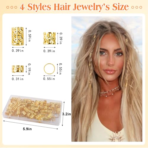 100 Pcs Gold Hair Jewelry for Braids,4 Styles Dreadlock Accessories, Adjustable Metal Hair Clips, Hair Cuff Rings Braiding Decorations for Women Men - color: Gold-100pcs