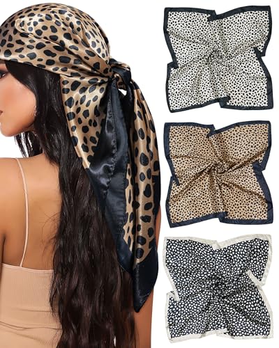 Mesovor 35” Square Head Scarf for Women, 3 Pack Like Silk Satin Headscarf Hair Neck Scarf Top Bandanas for Sleeping - color: Leopard(beige/Brown/Black)