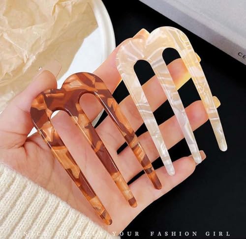 2 Pcs French Hair Pins for Women, U Shaped Hair Forks, French Twist Hair Pin Clips, Vintage Hairstyle Accessories Cellulose Acetate 3 Prong Bun Hair Sticks