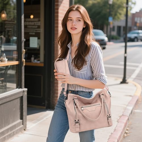 TANTOMI Tote Bag for Women Vegan Leather Purses and Handbags Ladies Waterproof Big Shoulder Bag for Travel - color: Pink-side Pockets