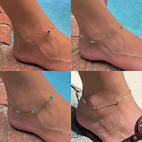 SLOONG Evil Eye Beaded Anklet Bracelets for Women, 14K Gold Plated Ankle Bracelet Jewelry Beach Beads Anklet Set Ankle Bracelets for Women - color: Green