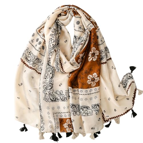 WaJuemy Travel Boho Scarf for Women Casual Lightweight Pashmina Scarves Fashion Multicolor Shawl Wraps with Fringed Beads - color: 33 Beige Boho