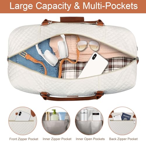 ITIEZY Weekender Overnight Bag for Women - Large Travel Duffel Bag with Shoe Compartment, Gym Duffel Bag Hospital Bag Carry On Tote Bags for Airplanes with Crossbody Bag Toiletry Bag 3Pcs Set - color: 2-Beige