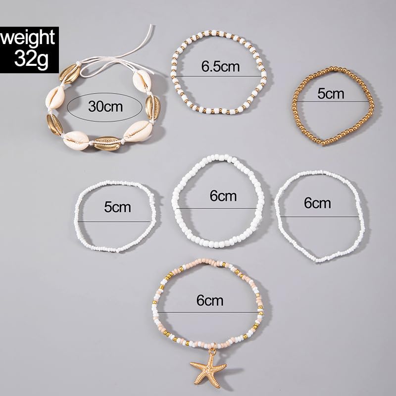 Pingyongchang Bohemian Stackable Shell Beaded Ankle Bracelets for Women Colorful Boho Multi-Layer Seashell Gold Starfish Adjustable Handmade Braid Bracelet Summer Beach Holiday Accessories Gifts - color: White