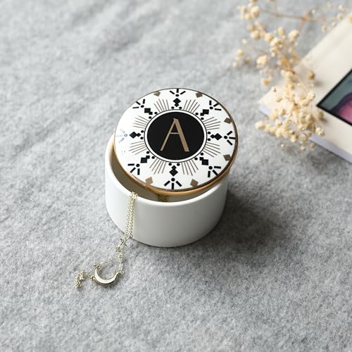 COLLECTIVE HOME - Monogram Jewelry Box, Bohemian Ceramic Trinket Box, Storage for Necklace Ring Bracelet Keys, Birthday Mother's Day Christmas Gift for Women, 3.25" x 2.5" (A) - color: A