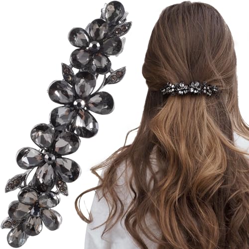 Joez Wonderful Rhinestone Hair Clip Sparkly Crystal Barrettes French Wedding Prom Engagement Pageant First Communion Hair Decorative Accessories for Women Bride Thick Long Hair (Flower Grey, 1 Pcs) - color: Flower Grey