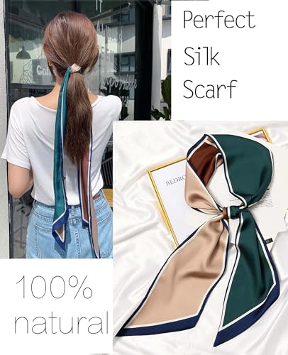 kcctoo 59” Long Silk Like Head Scarf Women's Fashion Square Neck Satin Scarfs for Bag Hair Scarves Gift 59 * 5.9” - color: F1 Green Coffee 4 Color Splicing 59" X 5.9"