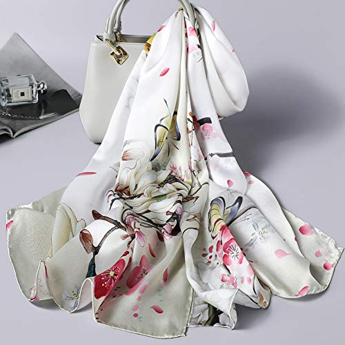 ANDANTINO 100% Silk Long Scarf-Women Large Oblong Shawls with Gift Packed - color: Beige-flower&birds