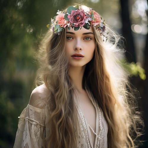 Vivivalue Boho Flower Crown Rose Floral Headband Hair Wreath Flower Headpiece Halo with Ribbon Wedding Party Photos - color: 88