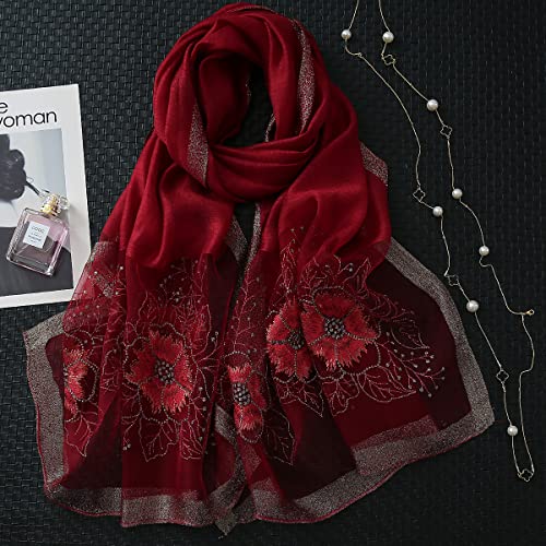 WINCESS YU Women Mulberry Silk Scarf Long & Large Embroidered Floral Pattern Shawl and Wraps Neckerchief for Hair & Neck - color: Sunflower Wine Red