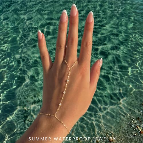 Poxtex Waterproof 14K Gold Plated Hand Chain Bracelet for Women, Non Tarnish Hypoallergenic Beaded Finger Ring Bracelet with Cubic Zirconia, Dainty Minimalist Boho Indian Style Stackable Wrist Body Jewelry for Summer Festival Vacation - color: Gold-Style