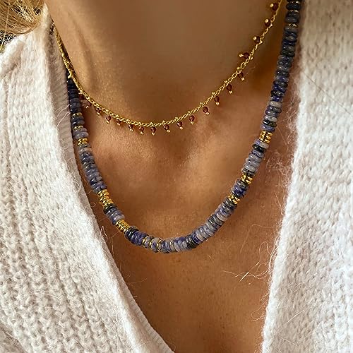 KissYan Boho Beaded Choker Necklace for Women, Gemstone Choker Natural Stone Freshwater Pearl Surfer Necklaces 14K Gold Plated Summer Beach Handmade Jewelry - color: D-Blue Aventurine