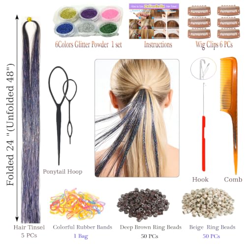 Celinebella Charcoal Grey Hair Tinsel, 48" 1250 Strands Smoky Shimmer | Unique smoky gunmetal gray with cool blue undertones, trendy edgy, heat resistant, for fashion daily wear - color: 18-Gunmetal Holographic, size: 48 Inch Pack of 5Pcs