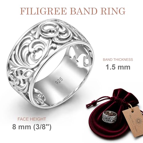 Norwegian Rosemaling Ring - Sterling Silver Floral Filigree Band - Wide Vintage Style Wedding Band Plus Size - Norse Nordic Jewelry for Women - Handmade