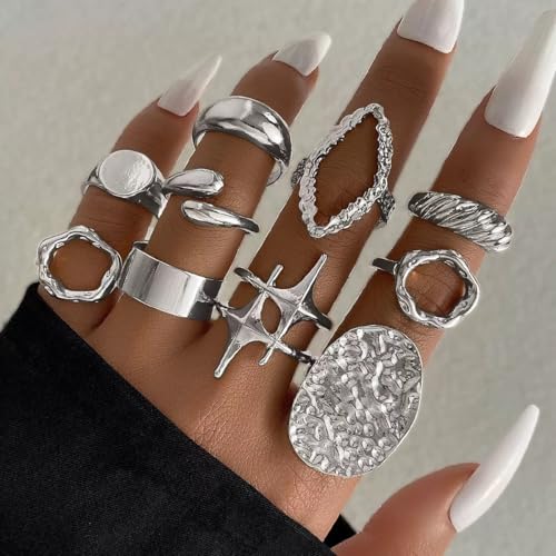 10 Pcs Chunky Gold Rings for Women Open Adjustable Star Geometry Ring Stacking Knuckles Rings Set Boho Prom Costume Fashion Jewelry - color: silver
