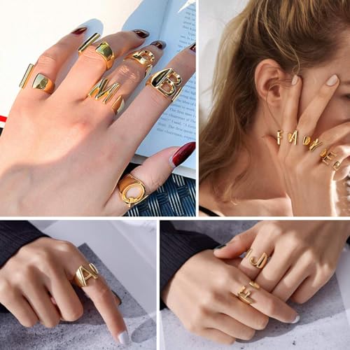 FindChic Customizable Initial Ring Statement 18K Gold Plated Fashion Cuff Rings for Women Alphabet Letter A to Z Resizable Knuckle Ring (with Gift Box) - color: M
