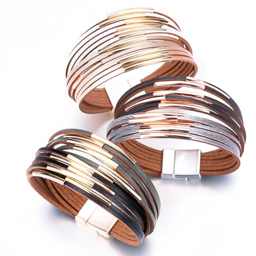 Fesciory Leather Wrap Bracelets for Women, Boho Leopard Multi-Layer Crystal Beads Cuff Bracelet Jewelry - color: Beige and Champagne