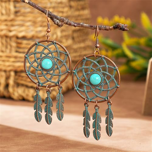 Boho Turquoise Drop Earrings Retro Long Copper Feather Tasse Metal Leaf Dangle Earrings Vintage Country Western Jewelry Cowgirl Ethnic Style Geometric Concert Festival Accessories for Women - color: Green Feather