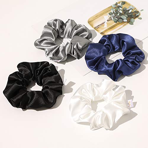Ivyu Scrunchies, 4 Pack Silk Scrunchy for Girls Women Cute Hairties Hair Accessories Soft Ropes Ponytail Holder, White, Black, Navy, Gray - color: White Black Navy Gray
