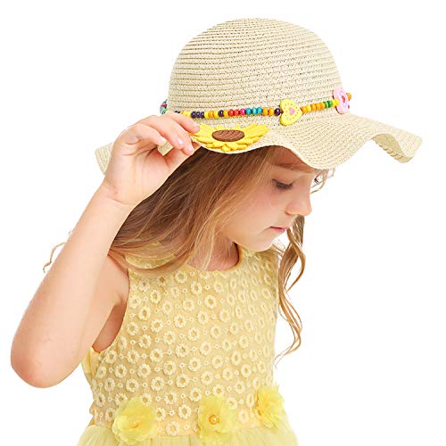 Bienvenu Kids Multi-Colors Large Brim Flower Beach Sun Hats - color: Beigeyellow