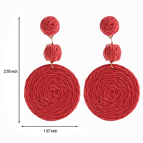 Boho Raffia Ball Earrings for Women, Handmade Statement Drop Earrings Straw Dangle Earrings Beach Vacation Jewelry - color: Red