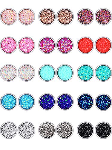 Boao 15 Pairs Druzy Stud Bulk Earrings Set Stainless Steel Round Post Earrings Bohemian Pierced Jewelry for Women - size: 6.0 Millimeters