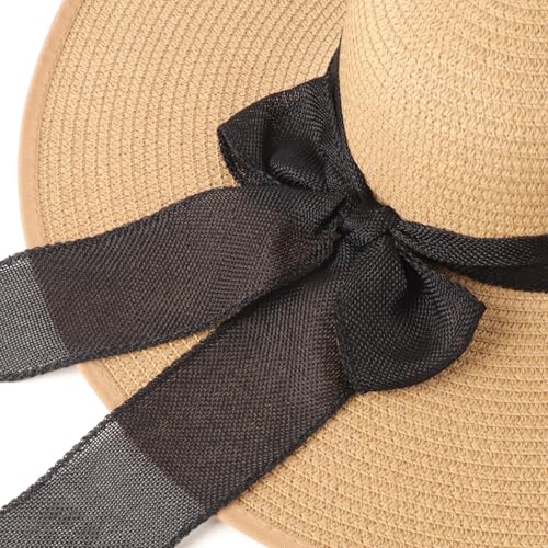 DRESHOW Beach Hats for Women Big Straw Wide Brim Summer Hat Floppy Foldable Roll up Cap Sun Hat UPF 50+ - color: Khaki (Black Band) /Normal Edge
