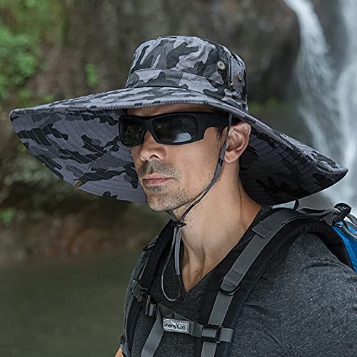 Leotruny Men Wide Brim Sun Hats UPF50+ Waterproof Breathable Bucket Hat for Fishing, Hiking, Camping - color: C08-dark Gray Camo