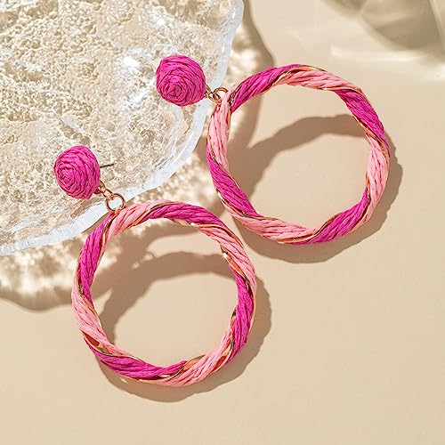 Boho Raffia Hoop Dangle Earrings Twisted - Statement Rattan Round Geometric Earrings For Summer Beach Vacation - color: HOT PINK