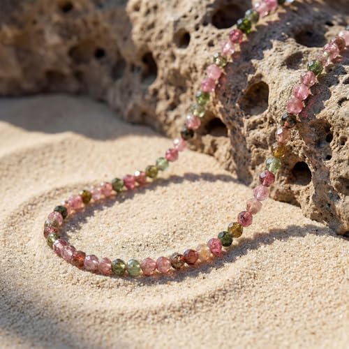 Bemoly Faceted Anklet for Women Gemstone Beads Anklet with Sparkling CZ Tail Charm - 22cm + 5cm Adjustable 14K Gold Plated Foot Chain - October Birthstone Jewelry Gift for Her, Summer Beach Vacation - color: Anklet-Tourmaline