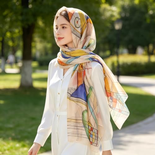 100% Mulberry Silk Women's Neck Silk Scarf-Lightweight Shawl,FLoral Print Beach Silk Wrap-Scarves for Photography - color: Beige
