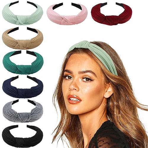 DRESHOW 8 Pack Knotted Headbands for Women Wide Turban Headband Yoga Exercise Ribbing Hair Hoop Hair Bands Accessories - color: 8 Pack: Pink,green,gray,yellow,beige,white,black,red