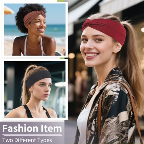12 Pcs Stretchy Headbands for Women, Absorbed Sport Headband Soft Twist Knotted Hairbands for Daily Life Yoga Workout(Black/Brown/White/Red) - color: Black/Brown/White/Red
