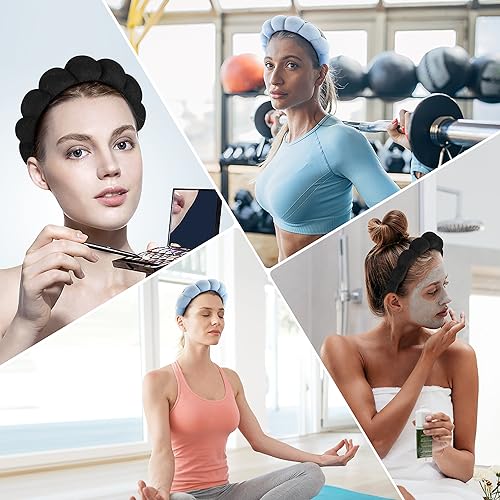 Ztomine Face Wash Headband, Set of 2 - Terry Cloth Spa Headbands for Washing Face or Facial, Puffy Makeup Headbands for Skincare, Mask, Hair Salon, Professional Use (Black & Blue) - color: Black+Blue