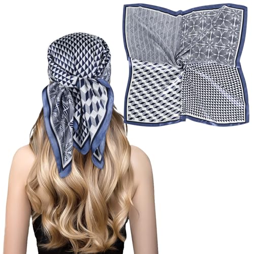 Relang Fashion Silk Satin Head Scarf for Women Hair Bandana Hair Scarf Wrap Neck Scarf for Women 27.5×27.5 inches - color: Blue Geometric Squares