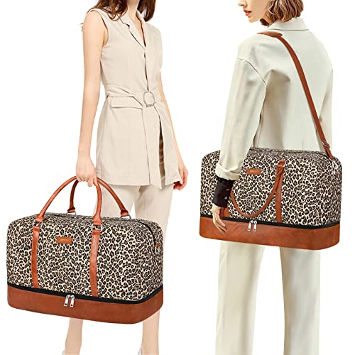 IBFUN Weekender Bags for Women, 21" Weekender Travel Bag, Travel Duffle Bag with Shoe Compartment Carry on Overnight Duffel Bag for Weekend Travel Business Trip, 3PCS - color: A4-Canvas-Leopard