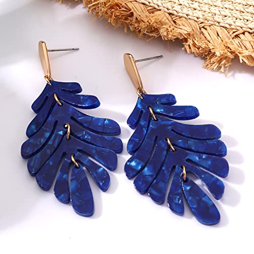 ARATLENCH Acrylic Pendant necklace Earrings – Long Statement Leaf Charm Necklace Tortoise Resin Palm Leaf Earrings Fashion Necklaces Earrings for Women - color: deep blue earrings