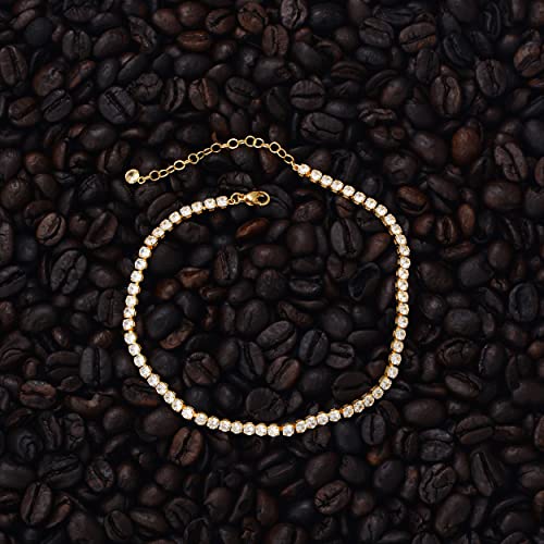 LOYATA Dainty Ankle Bracelet,14K Gold Plated Tiny Bead Anklet Dainty White Cubic Zirconia Cross Tassel Foot Chain Cute Lucky Moon Evil Eye Foot Jewelry Boho Anklets for Women - color: Tennis