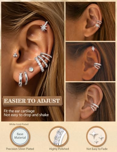 LOLIAS 4 Pairs Ear Cuffs Non Piercing - 14K Gold Plated Ear Cuff Earrings for Women Ear Cuff for Non Pierced Ears Clip on Cartilage Earring Adjustable Fake Earrings Set - style: Stars -White Gold Plated