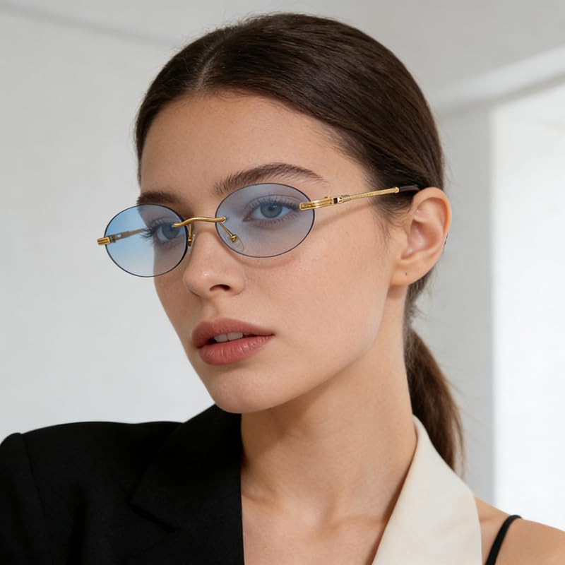 Retro Oval Sunglasses Rimless Small Round Glasses Frameless UV400 Men Women Fashion Shades - color: Blue