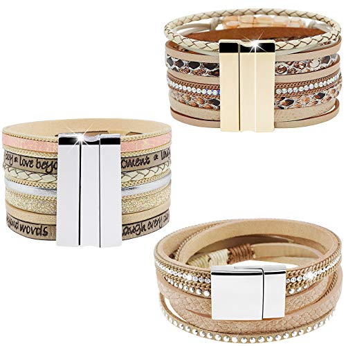 Wowanoo 3Pack Leather Cuff Bracelet Set Multilayer Wrap Bracelet Crystal Feather Tree Bracelet Magnetic Clasp Bracelet for Women - color: 3pack